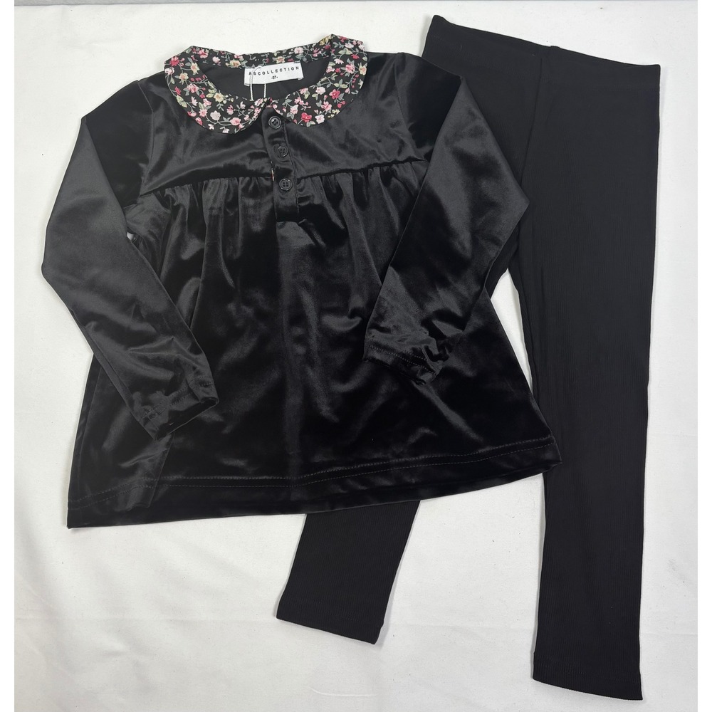 ASCOLLECTION Velvet Tunic Top Leggings Set Girls 3T Black Floral Velvet Preppy
